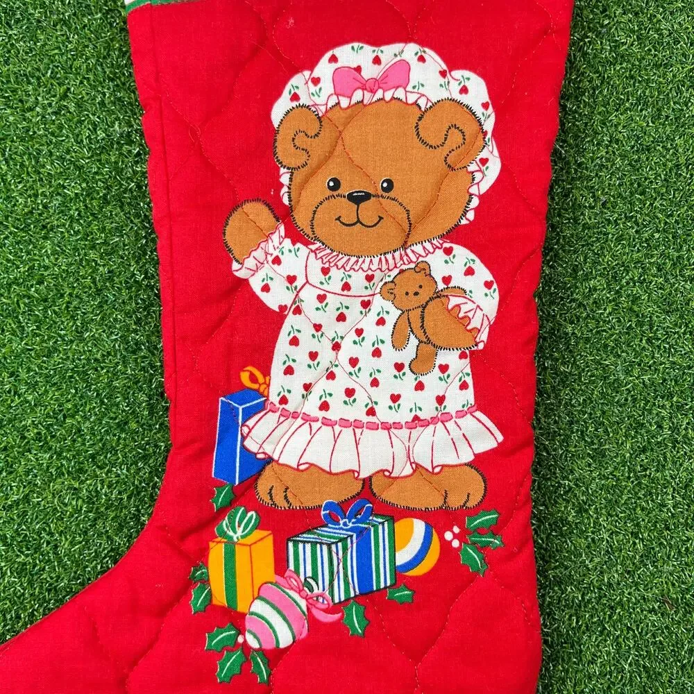 Vintage 1980s Lucy Rigg Handmade Quilted Teddy Bear Christmas Stockings
